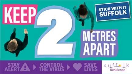 A teal coloured background with the words âKeep 2 Metres Apartâ cutting across the image from top left to bottom right. The words are in white with a pink background on the word âkeepâ and a purple background on the words âmetres apartâ. The number 2 in the middle of the image is much larger than the other text and is in white with a pale blue background. In the top right in blue and white is a logo which says âStick With It Suffolkâ. On either side of the number 2, being kept apart are an image of two people taken from above their head looking down. Both images have been distorted with black dots to give a pop art feel. Under this is a purple banner with the Suffolk resilience forum logo on it. In light purple it says. âStay Alert, Control the Virus, Save Lives.