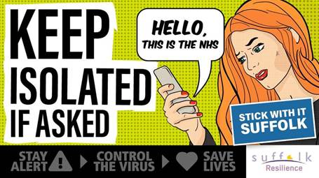 Keep Isolated If Asked. A cartoon person receives a message on a smartphone from the NHS.