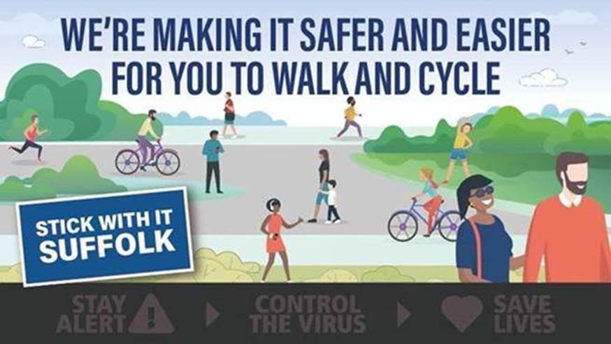 An image showing lots of cartoon people walking and cycling. It says, We're making it safer and easier for you to walk and cycle.